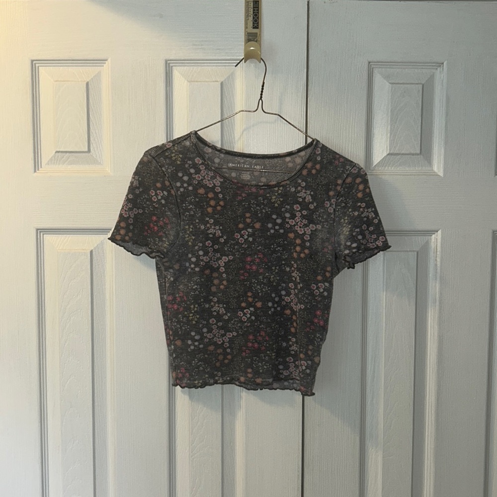 American Eagle Women's Purple and pink floral lettuce cut waffle knit ba…